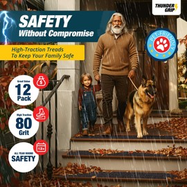 THUNDER GRIP Outdoor Stair Treads - Non Slip 30" x 6" - 12-Pack Weather Resistant Exterior Grip Tape - Anti Skid Strips - Waterproof 80-Grit Adhesive Treads