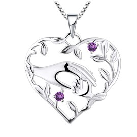 YL Mama Necklace 925 Sterling Silver Mother Holding Children's Hand, Pendant Necklace, Gifts for Mum, 925 Sterling Silver, purple