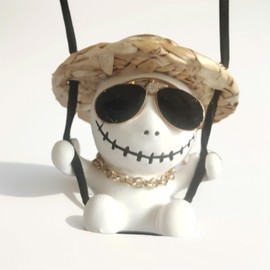Automotive Interior Mirrors Decor - Vehicle Rearview Mirror Hanging Decor – Gentleman Skull Toy Car Decor, Cute Interior Accessory for Any Scene (Luxury Grass Hat Sunglasses)
