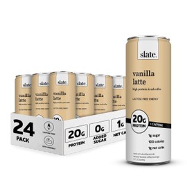 Slate Milk - High Protein Iced Coffee - Vanilla Latte - 175mg Caffeine, Lactose Free Energy - 20g Protein, 1g Sugar, 100 Calories, 1g Net Carbs, No Sugar Added - Protein Coffee - 11 fl oz, 24 Cans