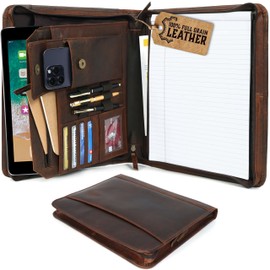 Leather Portfolio for Men, Portfolio Organizer with Zipper for Men Women, Leather Padfolio Business Resume Legal Pad Notebook Binder for A4/Pad (Brown)