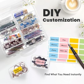 zoeynex Small Bead Organizers and Storage, 12 Clear Plastic Boxes with Hinged Lids, for Beads, Jewelry Making, Crafts, Hardware, Fishing Tackle, Small Parts (32 Labels)