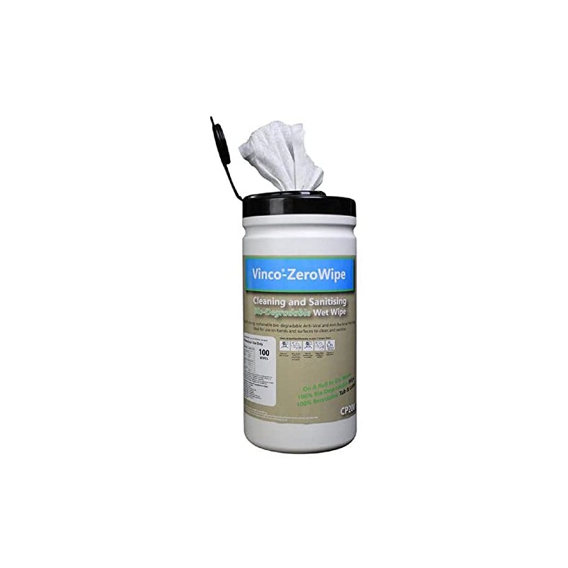 VINCO-ZEROWIPE BIO-DEGRADABLE WET WIPES - 200X200MM - TUB OF 100