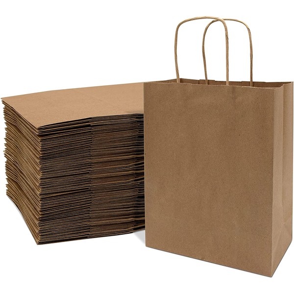 Brown Paper Bags with Handles – 8x4x10 inches 400 Pcs. Paper Shopping Bags, Bulk Gift Bags, Kraft, Party, Favor, Goody, Take-Out, Merchandise, Retail Bags, 80% PCW Cub Size Small
