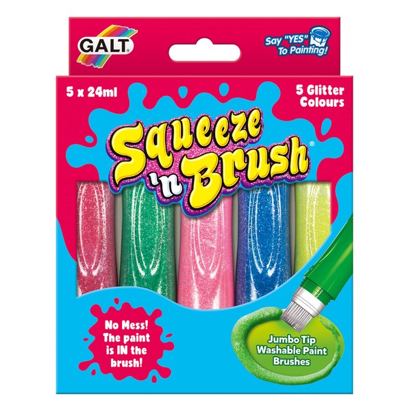 Galt Toys, Squeeze 'n Brush - 5 Glitter Colours, Brush Tipped Paint Pens, Ages 3 Years Plus