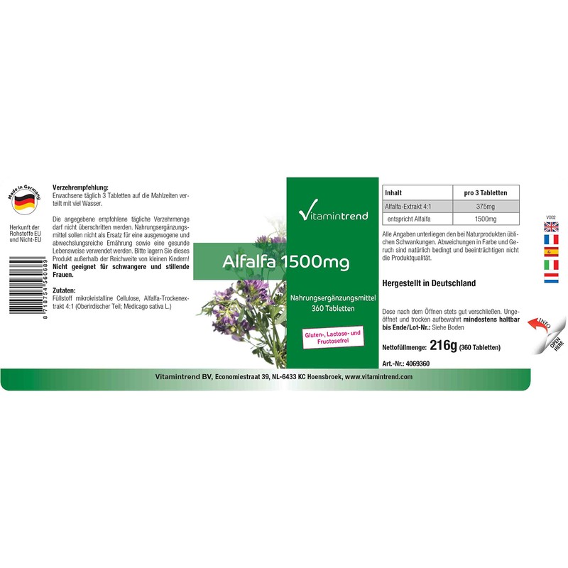 Alfalfa 1500mg - Bulk Pack with 360 Tablets, for 4