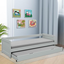 Cesgyfut Twin Daybed with Trundle, Modern Wood Daybed with Armrest, Wood Daybed Frame for Boy, Girl, No Box Spring Needed, Grey