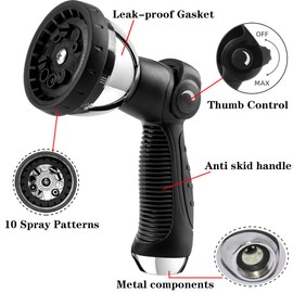Boquilla de rociado para manguera de jardín, 10 patrones de riego de metal, válvula de encendido y apagado, pulverizador de boquilla de alta presión para regar plantas, lavado de coches, limpieza,
