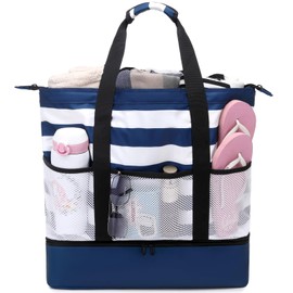 JIANYA Beach Bag Women Waterproof Sandproof Beach Tote Bags with Cooler Top Zipper Large Totes for Beach Pool Travel Daily