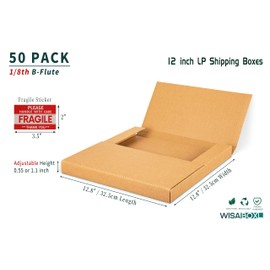 Wisaiboxl Kraft Vinyl Record Shipping Boxes 12.8x12.8x1 Inch LP Mailers with Fragile Stickers, 50-Pack