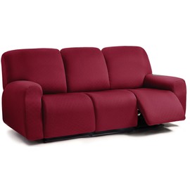 ULTICOR Squared Jacquard Design 8-Pieces Recliner Sofa Covers Stretch Reclining Couch Covers for 3 Cushion Reclining Sofa Slipcovers Thick Soft Washable (3 Seater Recliner Cover, Burgundy - Wine)