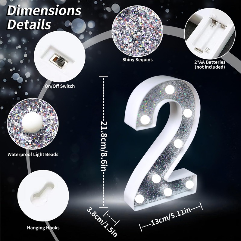 LED Number Light - Lighted Silver Glitter Number Light Sign,