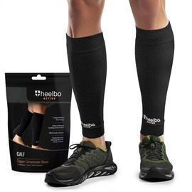Heelbo Copper Infused Calf Compression Sleeves, Support Muscle Recovery & Blood Circulation, All Day Comfort, Breathable, Moisture Wicking, Black, Medium