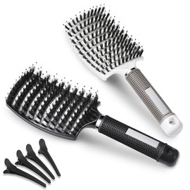 Lictin 2 Paquetes de Cepillo de Cerdas de Jabalí y 4 Horquillas para el Pelo-Adecuados para Cepillos de Cabello Fino para Mujeres y Ayuda para el Peinado de Hombres(Blanco y Negro)