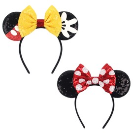 zhezesmila - 2 diademas brillantes para orejas de mouse, orejas de mouse, con lazo, accesorios para niñas, mujeres, adultos, niños, fiesta de cumpleaños
