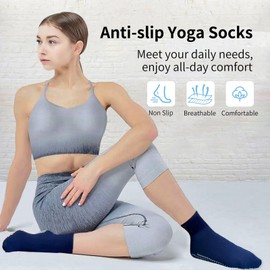 TENQUAN Non Slip Yoga Socks Anti Slip Yoga Socks with Grips for Pilates Grippy Cotton Socks for Home Hospital Workout Sports (2 Pairs Blue, Unisex S (UK 3-5 / EU 35-38))