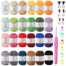 24 Pack Fluffy Velvet Yarn for Crocheting, Chunky Chenille Baby Yarn for Crocheting Soft Blanket, 1575 yds Amigurumi Yarns for Knitting, Bulky Multicolored Crochet Yarns Set A
