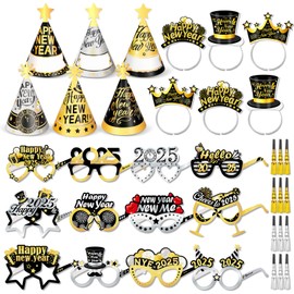 DPKOW New Year's Eve Decoration 2025, 36 Pieces Happy New Year Headband New Year's Eve Party Hats Glasses, New Year's Eve Headpiece Fringe Blower, Black Gold Silver New Year's Eve Party Accessories