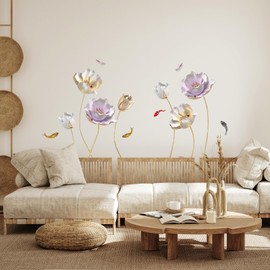 Tanlaby 3D Flower Wall Stickers, Lotus Floral Colorful Blossom and Carp Wall Decals, DIY Vinyl Mural Art for Bedroom Living Room Offices Sofa TV Backdrop Wall Decor