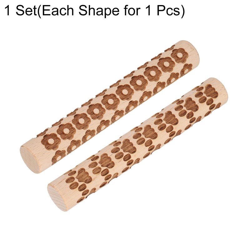HARFINGTON 2pcs Wood Clay Roller 4" Flower Paw Print Pattern