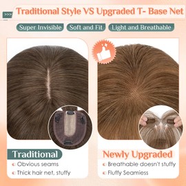 Benehair Real Hair Topper for Women, 100% Real Hair Clip-In Topper, 11 Inch Real Hair Toppers, Side Bangs, Human Hair Toppers, T Lace Base, Light Brown for with Hair Loss #6