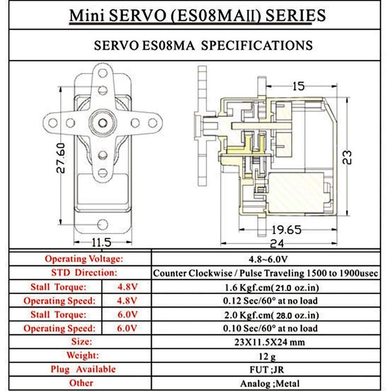 ICQUANZX 2pcs ES08MA II 12g Mini Metal Gear Analog Servo