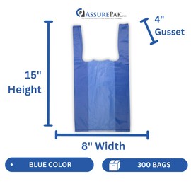 ASSUREPAK Blue Colored Unprinted Plastic T-Shirt Bags - 1/10 BBL 8"X4"X15" - 300 Bags - 14 microns - Blue - For Retail, Commercial, Home