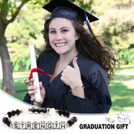 Graduation Gifts for Her Him, Strength Engraved Graduation Bracelet Inspirational Bracelets with Compass Charm, Black Beaded Stretch Bracelets Motivational Bracelets Jewelry Gifts