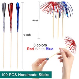 Cocktail Picks,100pcs Red Blue Silver Firework Toothpicks for Appetizer, 9 Inch Long decorative Skewers Fruit Sticks,Food Pick for Dessert,for Fourth of July Independence Day Decoration Party Supplies