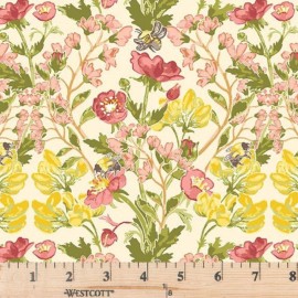 Henry Glass Bumble & Bloom Yellow Large Floral Cream 1586-44 Cotton Fabric By half yard