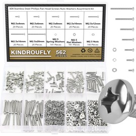 Kindroufly 562 Pieces M2.5 x 4/6 /8/10 /12/16 /20mm Phillips Pan Head Machine Screws Nuts Washers Assortment Kit, 304 Stainless Steel, Fully Machine Thread