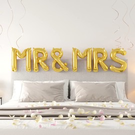 HOUSE OF PARTY Mr and Mrs Balloons Gold - 16 Inch Mr and Mrs Sign Letters Aluminium Foil Balloons Gold, Mr and Mrs Banner Mylar Balloons for Bride to Be, Bachelorette, Engagement Party Decorations