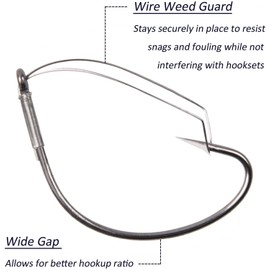 50pcs Wacky Weedless Worm Hooks Wide Gap Fishing Hooks with 304 Stainless Steel Wire Weed Guard for Soft Worm Baits Size 1/0 1 2 4