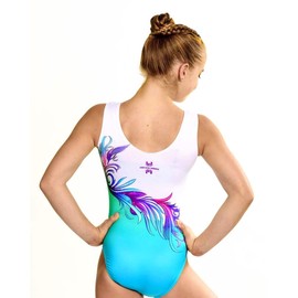 Gymnastics leotards for girls, women, stylish, comfy, durable, Turquoise Flower Ombre With Crystal Rhinestones #505 13-14Y AM