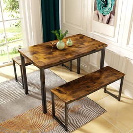 AWQM Dining Room Table Set, Kitchen Table Set with 2 Benches, Ideal for Home, Kitchen and Dining Room, Breakfast Table of 43.3x23.6x28.5 inches, Benches of 38.5x11.8x17.5 inches, Rustic Brown