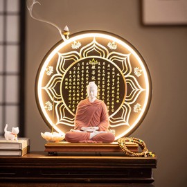 TXYXT Shakyamuni Buddha Ceramic Statue Indoor Backflow Incense Burner with Led Ring Light Heart Meridian Painting，Meditation Decoration for Home and Office, Suitable for Cone and Stick Incense