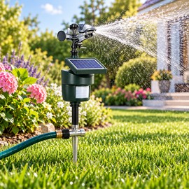 Solar Motion Activated Animal Repellent Sprinkler with Water Jet Spray for Garden, Lawn, Yard, Deer, Cats, Dogs & Birds