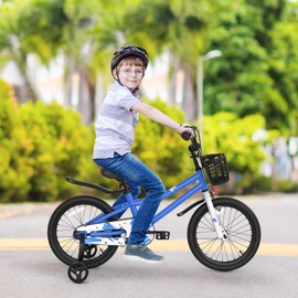 COSTWAY Kids Bike, 18 Inch Toddler Bike with Kickstand for Boys & Girls Aged 3-8 Years Old, Kids Bicycle w/Removable Training Wheels, Handbrake & Coaster Brake, Basket, Bell (Blue, Graffiti Pattern)