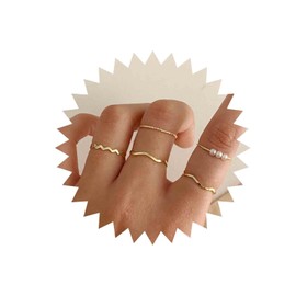 Yheakne Boho Stacking and Midi Gold Pearl Finger Rings Set - Carved Joint and Knuckle Rings for Women and Girls (Style C)