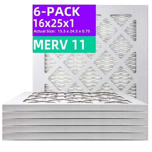 Qingzhug 16x25x1 MERV 11 (6-Pack) Pleated Air Filter (Actual Size: