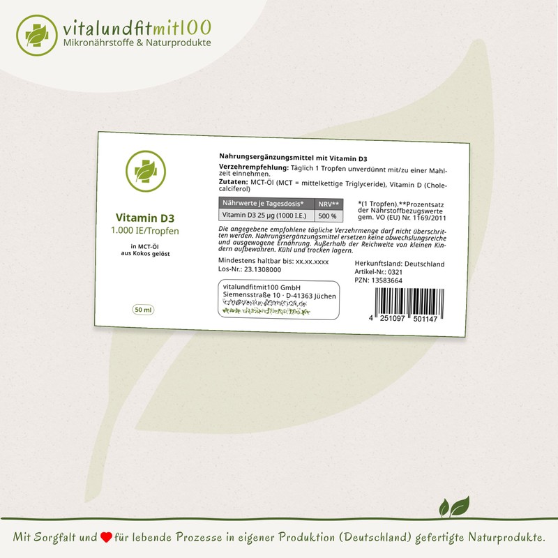 Vitamin D3 Drops 50 ml (Cholecalciferol) - 1,000 IU per