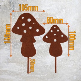 Deko Kind - Rusty Mushrooms Set of 2 - Premium Patina Quality - Weather Resistant - Rust Garden Stake - Metal Mushroom - Wall Decoration - Rust Decoration - Mushroom Decoration - Mushrooms for