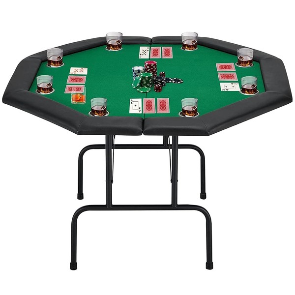 ECOTOUGE Poker Table Foldable, 8 Player Octagon Poker Table w/Metal Legs & Stainless Steel Cup Holder, Casino Leisure Texas Holdem Game Table for Blackjack, Club, Family Games