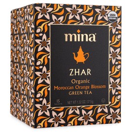 Mina Zhar Organic Moroccan Orange Blossom Green Tea, 15 Biodegradable Sachets - Refreshing Sencha Green Tea Bags, Low in Caffeine Orange Blossom Tea Bags