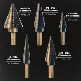 Pro-Edge Technology 5pcs Step Drill Bits for Metal with Center Punch, Tri-Flat Shank HSS Titanium Step Drill Bit Set, 50 Sizes, for Metal, Aluminum, Wood, Plastic