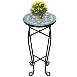 Udorich Stylish Mosaic Side Table and Plant Table, Weatherproof Ceramic Top, Sturdy Iron Frame, Green and White