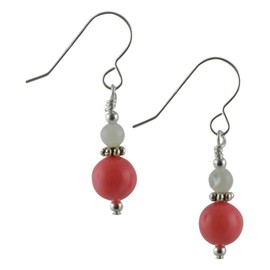 Bright Pink Natural Coral Gemstone, Cream Mother of Pearl & Sterling Silver Drop Earrings with Gift Box