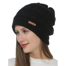 Belle Dame Winter Beanie Hat for Women Cable Knit Hat Winter Cap Fleece Lined Toque Skull Cap (HT507-BK)