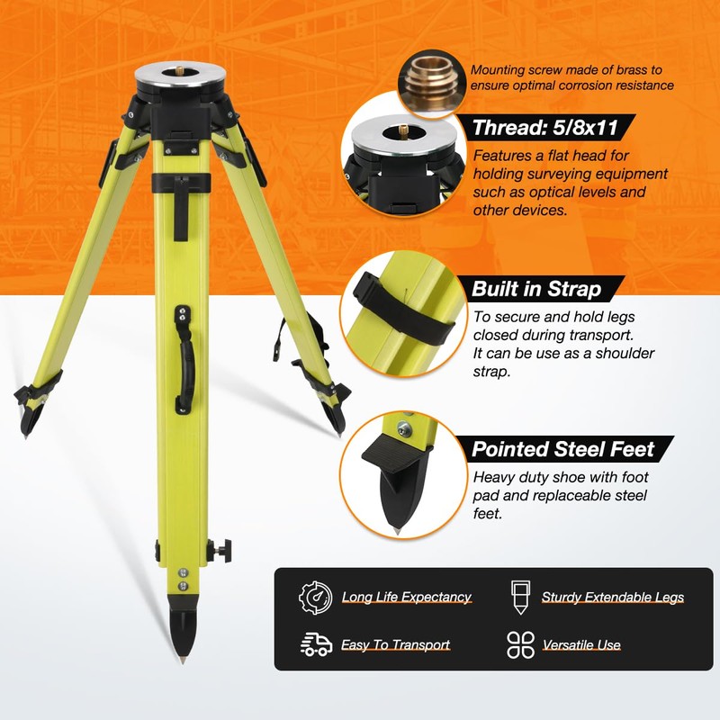 Fiberglass Surveying Tripod, Heavy Duty Green Fiberglass and Wood Tripod