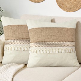 QoBexim Boho Patchwork Linen Pillow Covers with Tassles 18x18 Set of 2